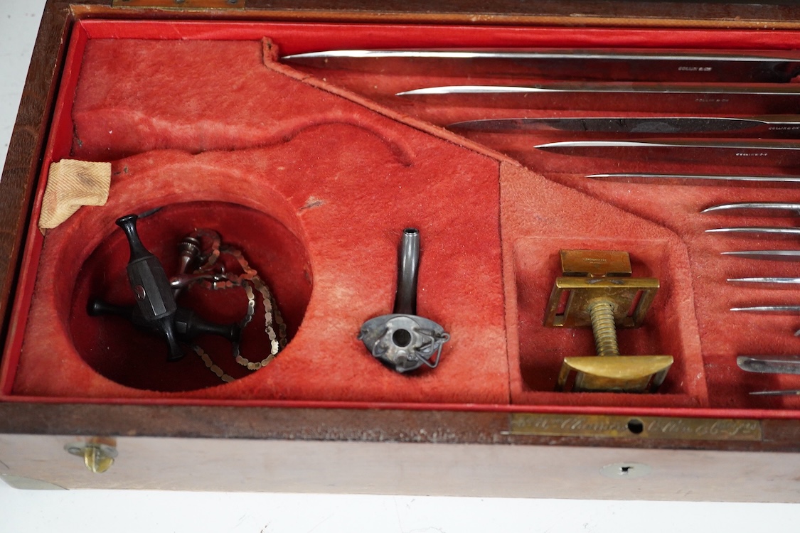 A 19th century surgeon’s set by Collin & Cil., Paris, in a fitted mahogany case, comprising of steel surgeons instruments; knives, scalpels, scoops, tourniquet, saws, rasps, some instruments stamped with maker’s name, wi